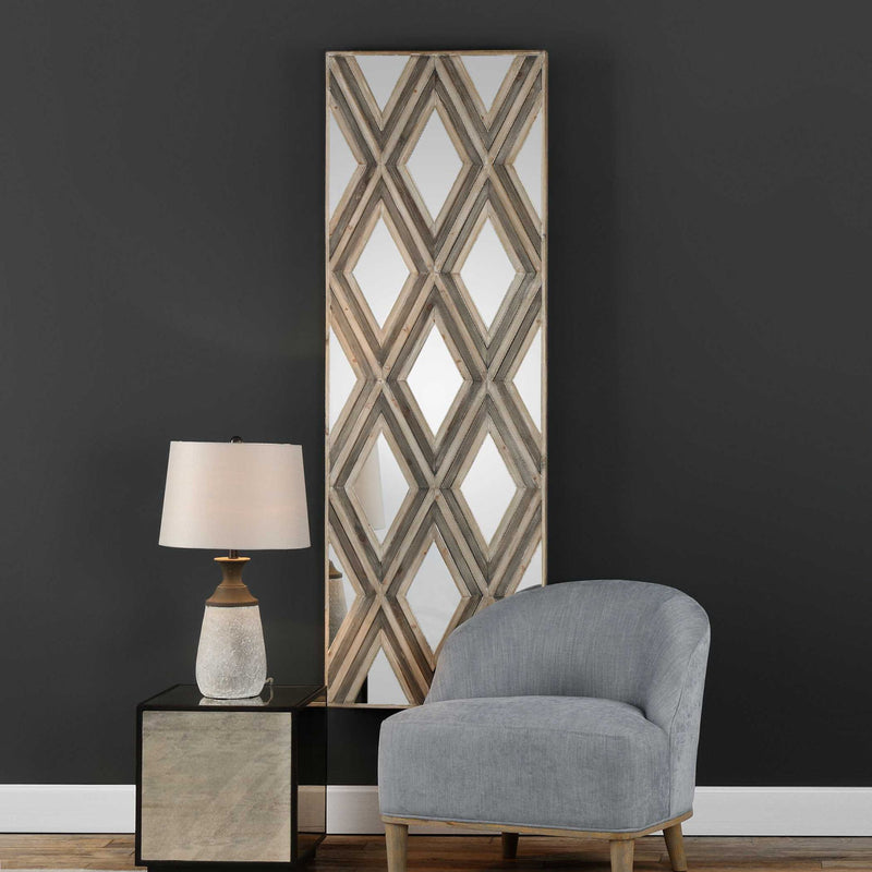 Uttermost Tahira geometric argyle pattern wall mirror with light brown frame, showcasing a stylish decorative wall mirror.
