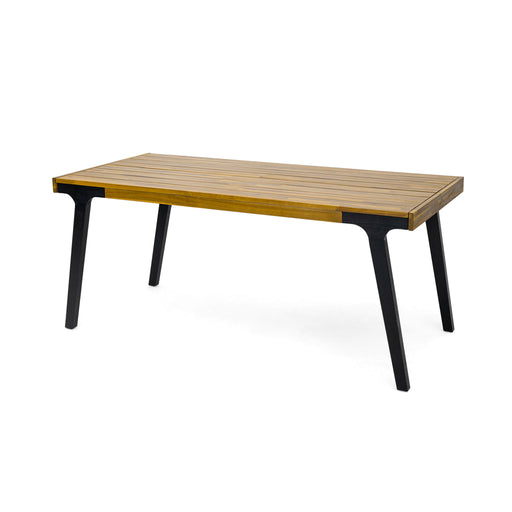 Noble House Acacia wood patio dining table, 69-inch rectangular outdoor table with teak and black finish, ideal for outdoor dining.