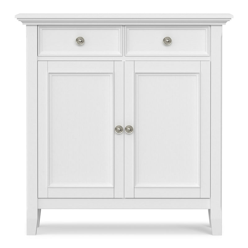 Simpli-Home Amherst accent storage cabinet with closed doors and wooden finish, ideal for living room or hallway storage.