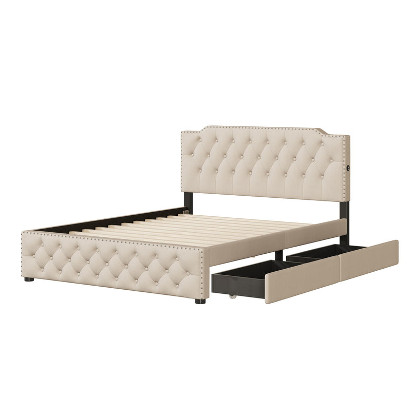 Upholstered Platform Bed With 2 Drawers And 2 Sets Of USB Ports On Each Side, Fabric - R&R Furniture Gallery (Fountain Valley, CA)