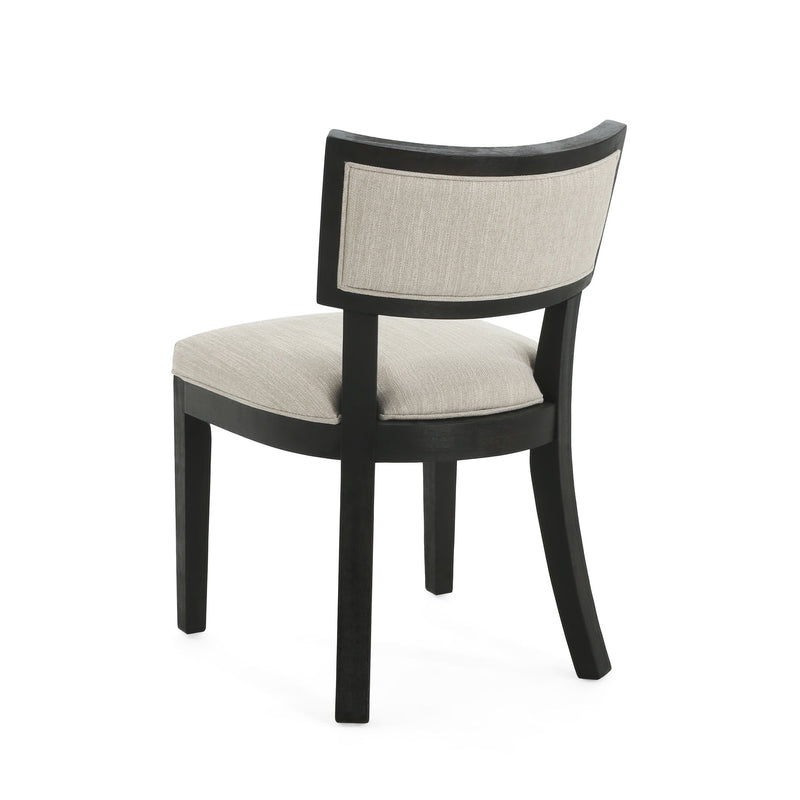 Noble House farmhouse style fabric upholstered side dining chairs set with wooden legs and cushioned seats.