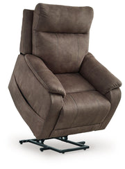 Signature Design by Ashley Crestmeade Power Lift Recliner in plush fabric with padded armrests and a reclining footrest.