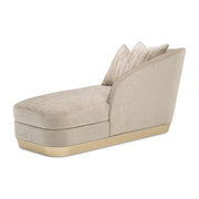 Michael Amini La Rachelle chaise with elegant upholstered seat and curved wooden frame, showcasing luxurious design and craftsmanship.