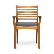 Set of two Noble House outdoor dining chairs with slat back design and acacia wood frames in gray and teak finish.