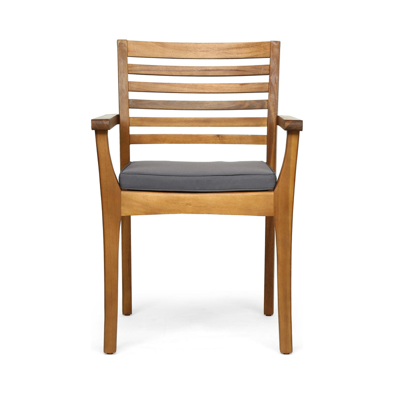 Set of two Noble House outdoor dining chairs with slat back design and acacia wood frames in gray and teak finish.