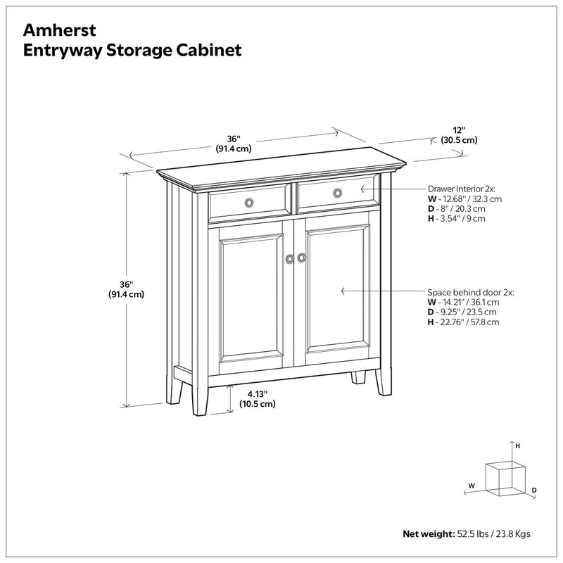 Simpli-Home Amherst accent storage cabinet with wood finish and modern design, featuring doors and interior shelves.