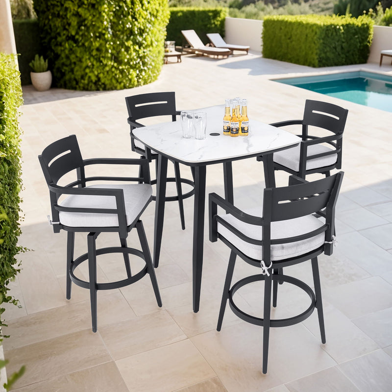Modern Outdoor Patio Bar Set, Rounded Square Table & Bar Chairs, Non Rust Frame, Tapered Legs, Sunbrella Cushion - R&R Furniture Gallery (Fountain Valley, CA)