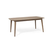 Noble House Placidity outdoor expandable dining table with slatted tabletop and tapered legs for outdoor dining spaces.