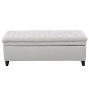 Juliana storage ottoman by Noble House with birch wood legs, upholstered in neutral fabric, showing open lid and interior storage space.