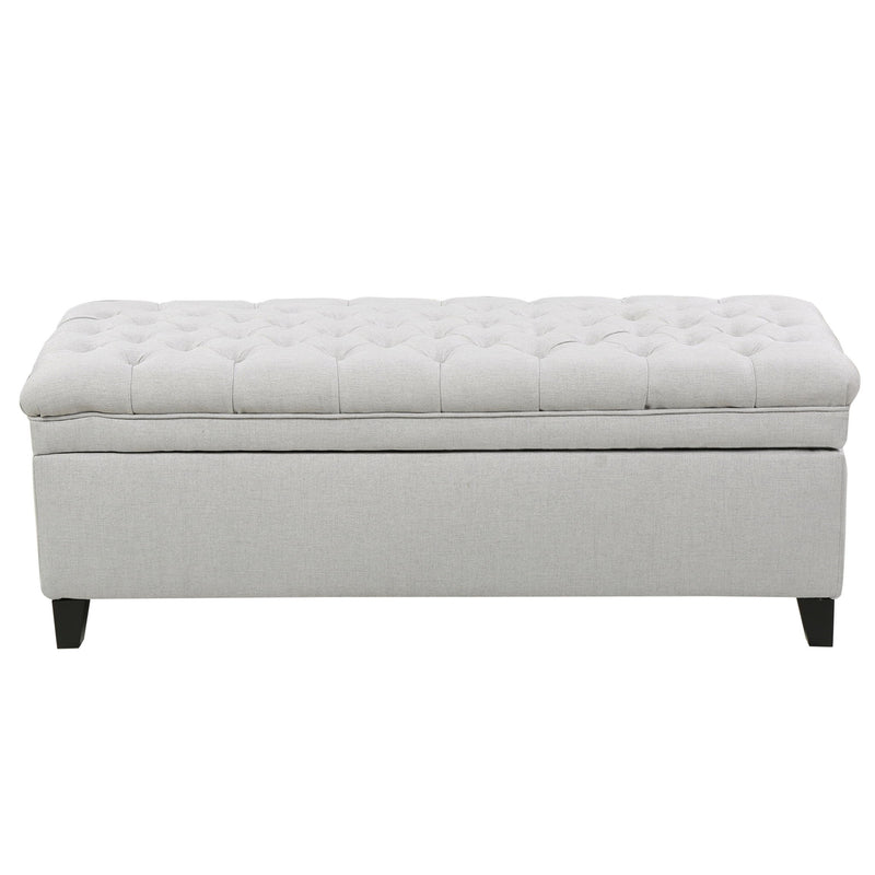 Juliana storage ottoman by Noble House with birch wood legs, upholstered in neutral fabric, showing open lid and interior storage space.