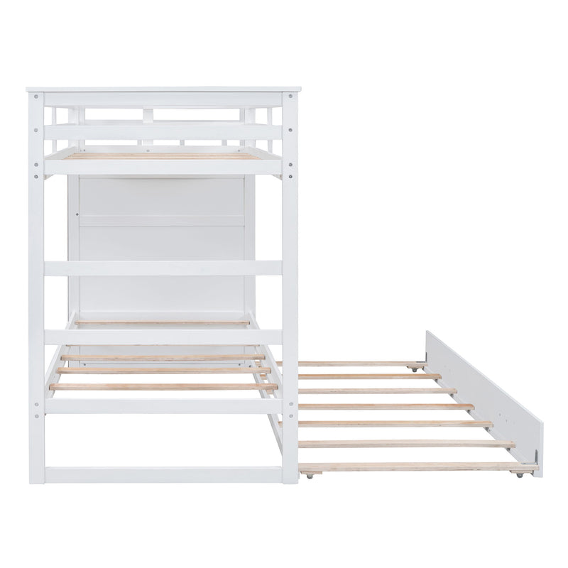 White DreamHaus twin over twin bunk bed with staircase and trundle, featuring sturdy wood construction and space-saving design.