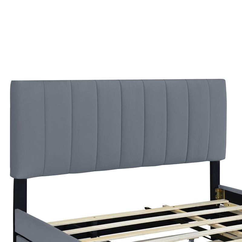 DreamHaus platform upholstered storage bed with two drawers and twin long trundle, showcasing a modern, padded bed frame with storage options.