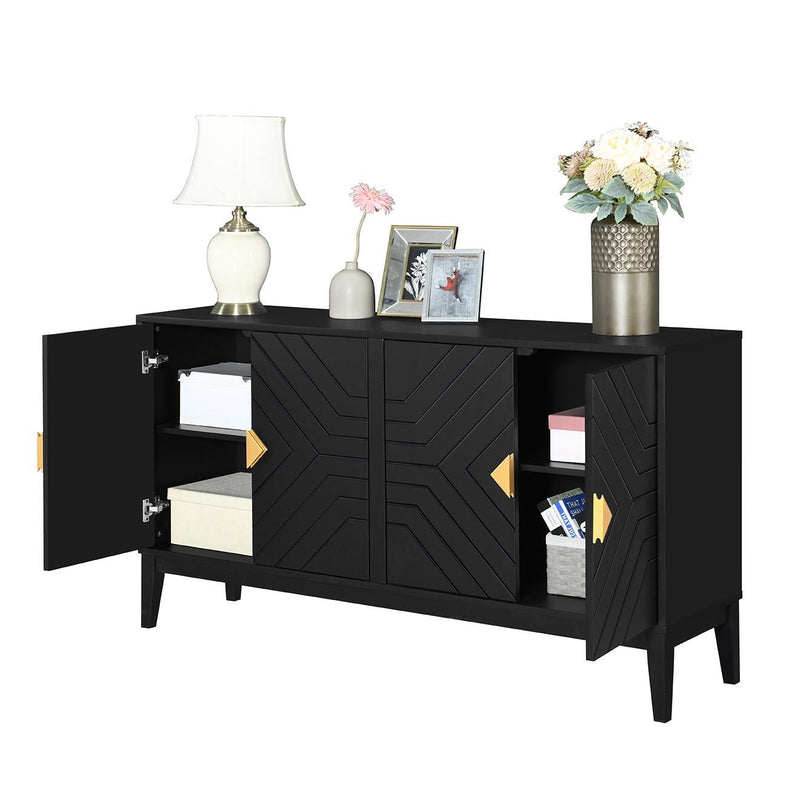 4 Door Sideboard Storage Cabinet For Living Room And Dining Room, 2 Large Cabinets With Gold Handles And Adjustable Shelf - Black - R&R Furniture Gallery (Fountain Valley, CA)