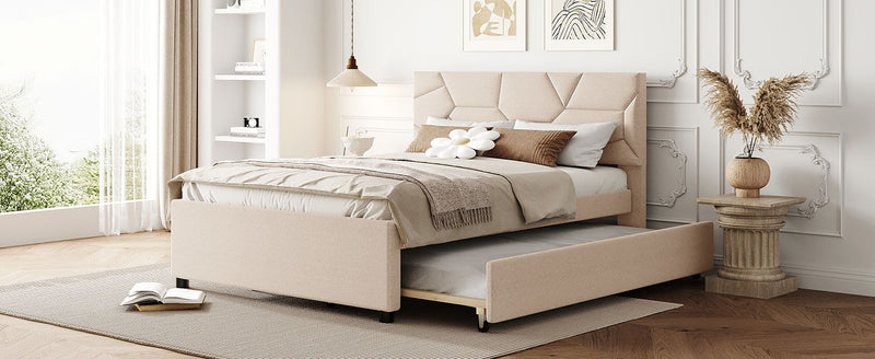 Upholstered Platform Bed With Brick Pattern Headboard And Twin Long Size Trundle - R&R Furniture Gallery (Fountain Valley, CA)