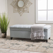 Noble House Juliana storage ottoman with birch wood legs, cushioned top, and spacious interior for versatile home storage.