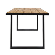 Noble House outdoor teak dining table with U-shaped legs and slat top, ideal for outdoor patio or garden dining spaces.