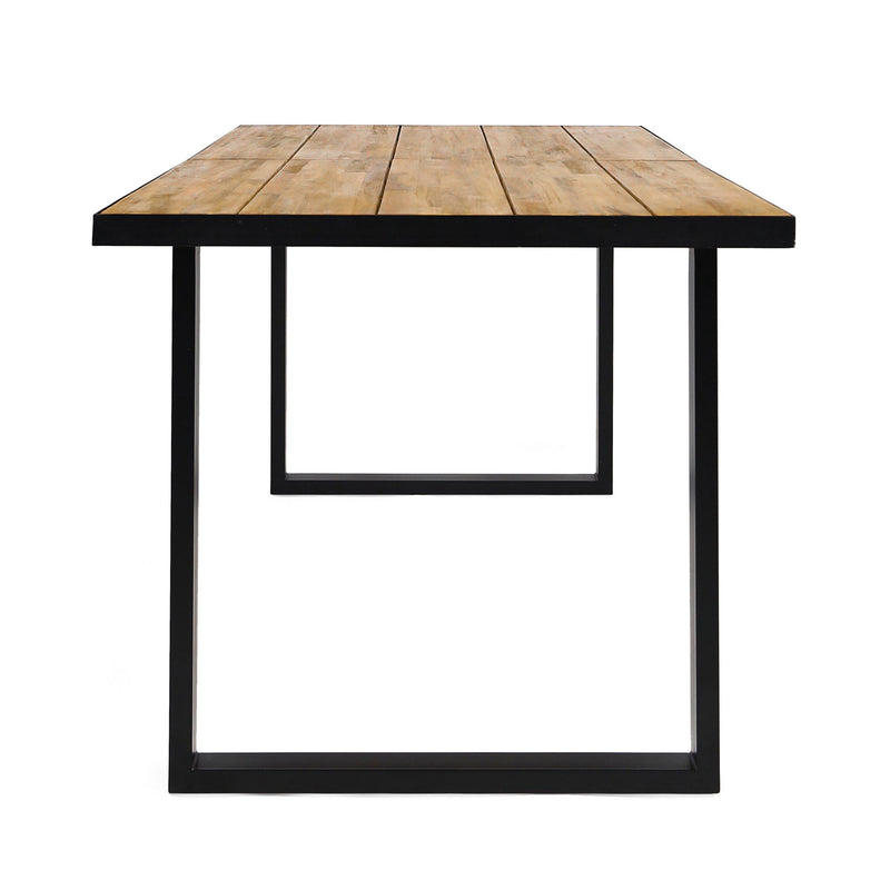 Noble House outdoor teak dining table with U-shaped legs and slat top, ideal for outdoor patio or garden dining spaces.
