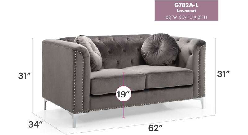 Stylish sloped arm loveseat by Glory Furniture featuring plush cushions and a modern stationary design in a cozy living room setting.