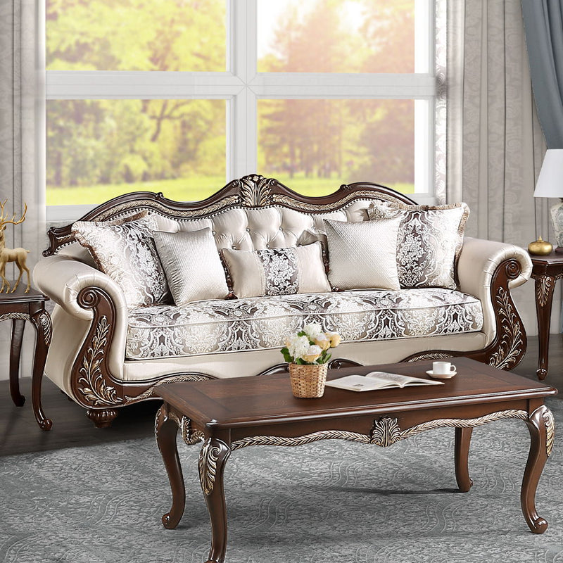 Pierce - Sofa With 5 Pillows - Beige Fabric & Cherry - R&R Furniture Gallery (Fountain Valley, CA)