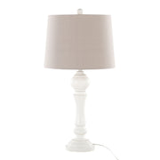 Pair of Lumi Source Winston farmhouse poly table lamps with white drum shades and wooden bases on a wooden surface.