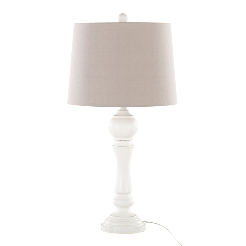 Pair of Lumi Source Winston farmhouse poly table lamps with white drum shades and wooden bases on a wooden surface.