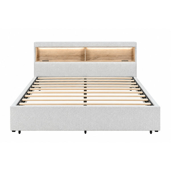 Sacha - Bed With LED And Bookcase Headboard, Built In Siderail Storage