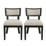 Set of two Noble House farmhouse style fabric upholstered side dining chairs with wooden legs and cushioned seats.