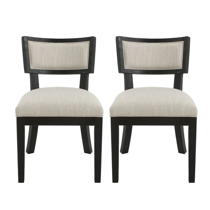 Set of two Noble House farmhouse style fabric upholstered side dining chairs with wooden legs and cushioned seats.