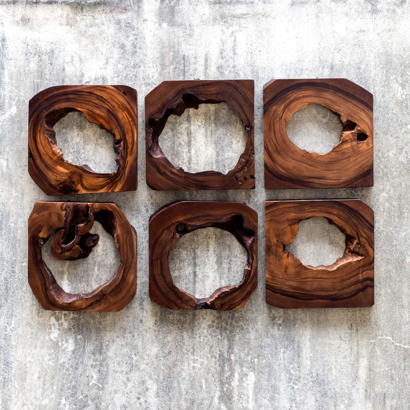 Set of six dark brown Adlai wood wall art panels by Uttermost, modern wall decor for living spaces, natural wood texture visible.