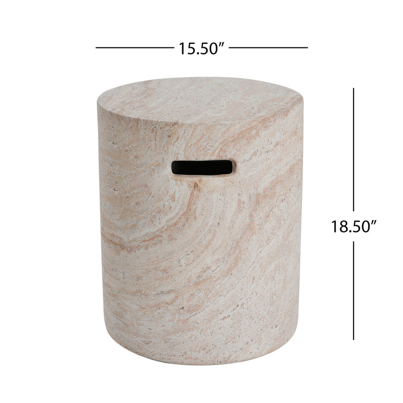 Modern Concrete Side Table With Travertine, Indoor / Outdoor Use - Beige - R&R Furniture Gallery (Fountain Valley, CA)