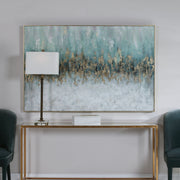 Hand painted blue canvas art by Uttermost featuring abstract, textured design for modern wall decor.