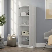 White Alara double door storage cabinet by Lilola Home with a height-friendly, simplistic design for versatile storage.