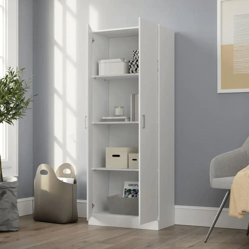 White Alara double door storage cabinet by Lilola Home with a height-friendly, simplistic design for versatile storage.