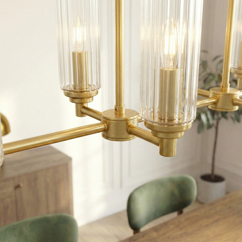 Willow - 8 Lights Island With Clear Ribbed Pendant Lamp Satin - Antique Brass / Clear / Gold - R&R Furniture Gallery (Fountain Valley, CA)