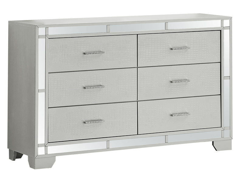 Glory Furniture Madison silver champagne dresser with sleek modern design and multiple drawers for storage.