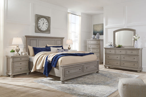 Signature Design by Ashley Lettner 6-piece panel storage bedroom set with beds, dressers, and nightstands in a modern bedroom.