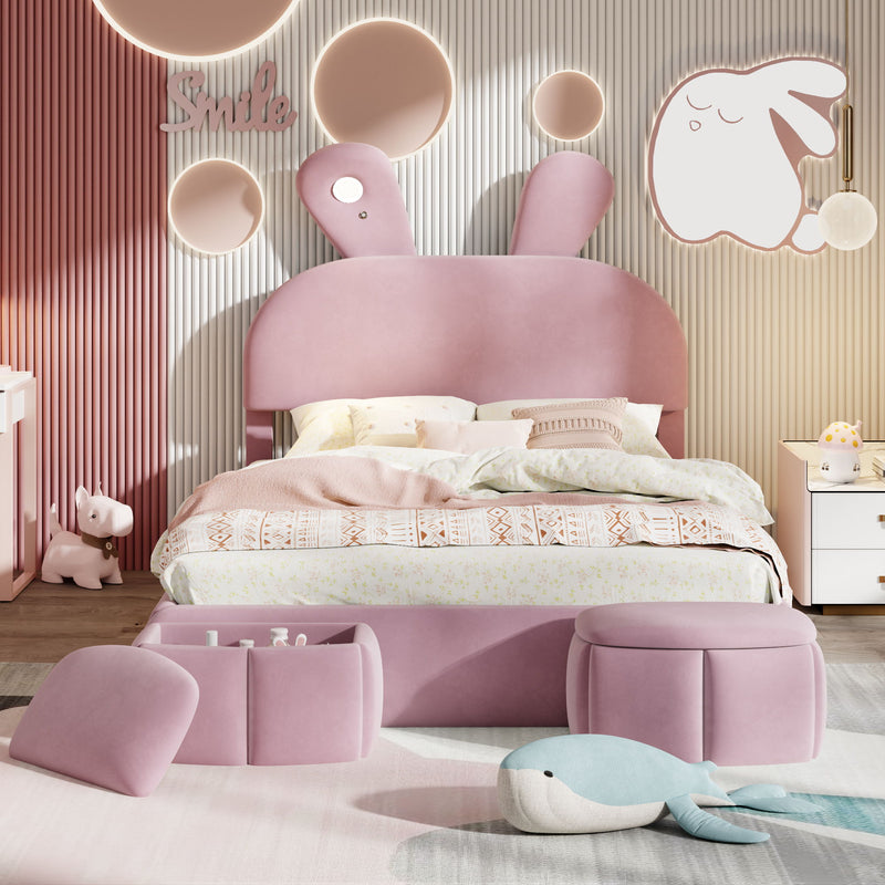 Full Upholstered Platform Bed With Cartoon Ears Headboard And LED Light - Pink - R&R Furniture Gallery (Fountain Valley, CA)