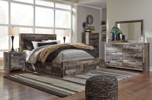 Derekson Benchcraft 6-piece panel bedroom set includes a bed frame, nightstands, dresser, mirror, and chest with modern design