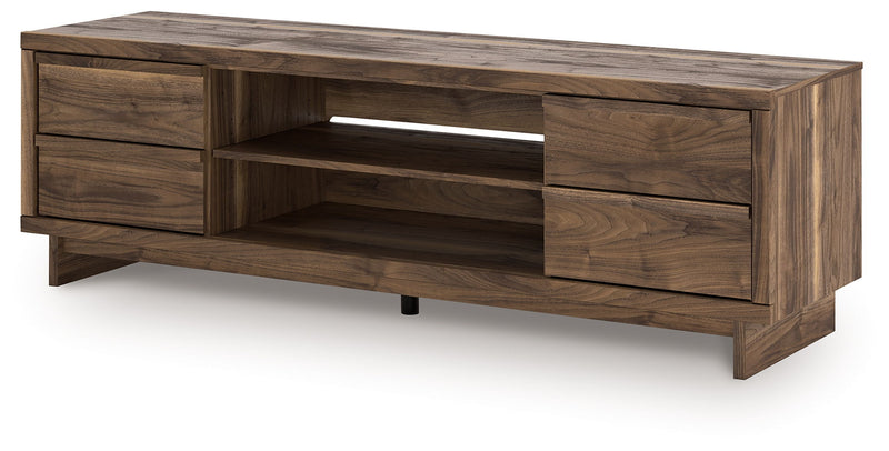 Signature Design by Ashley Zadilyn TV Stand with built-in fireplace option, modern wood finish and multiple storage compartments.
