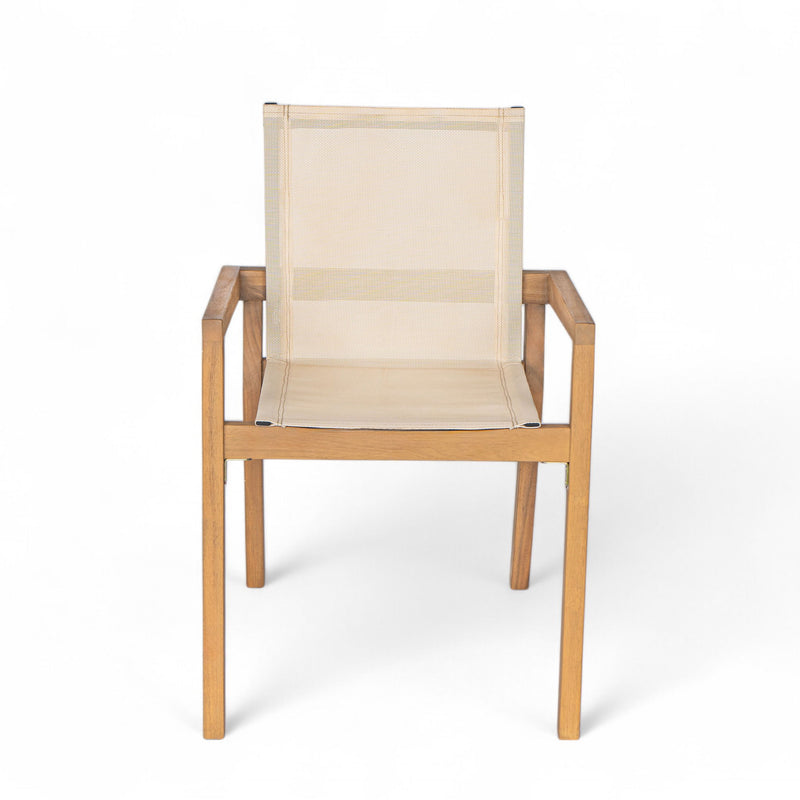 Set of two Noble House Belfast dining chairs with acacia wood frames and comfortable upholstered seats.
