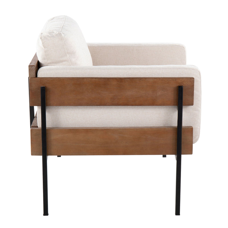 Lumi Source Kari farmhouse design accent chair with wooden legs and soft fabric upholstery, modern rustic style.