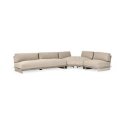 Livia teak outdoor sectional by Classic Home with taupe cushions, featuring three stationary seating pieces on a patio.