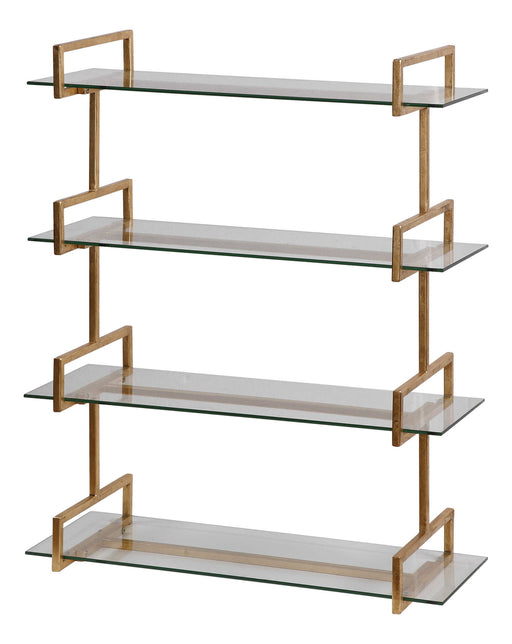 Uttermost Auley gold wall shelf with sleek, modern design and open rectangular frame, mounted on a wall.