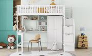 DreamHaus loft bed with integrated bookshelf, drawers, desk, and wardrobe in a modern bedroom setting.