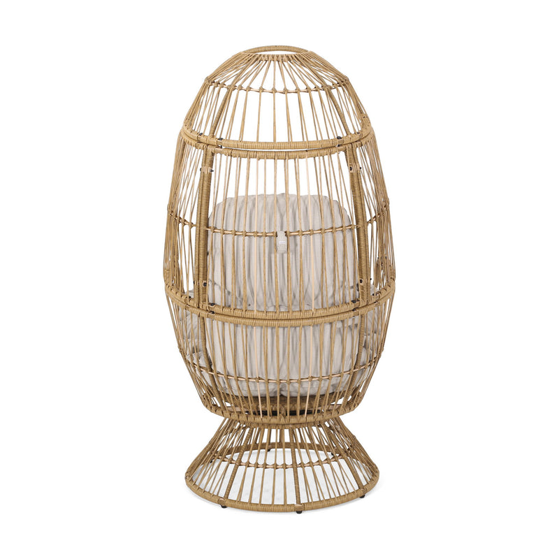Noble House patio swivel basket egg chair with cushion, outdoor accent chair with woven design and plush seating.