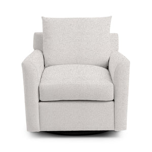 Classic Home Olivia swivel chair with a cushioned seat, curved backrest, and wooden base, ideal for modern living spaces.
