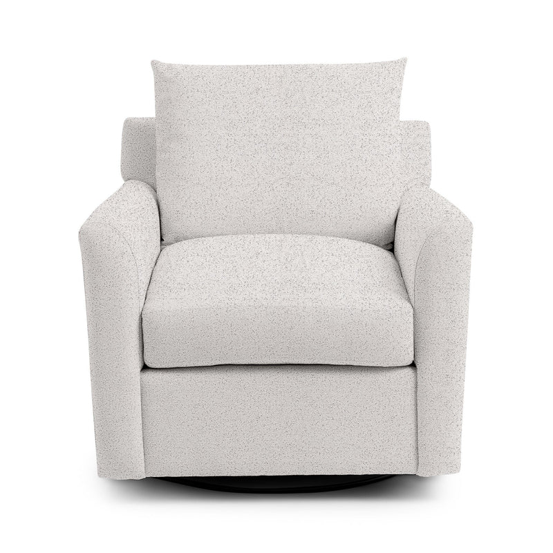 Classic Home Olivia swivel chair with a cushioned seat, curved backrest, and wooden base, ideal for modern living spaces.