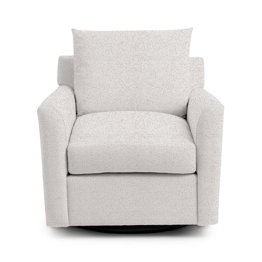 Classic Home Olivia swivel chair with a cushioned seat, curved backrest, and wooden base, ideal for modern living spaces.