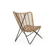 Pair of light brown wicker chairs with geometric cross metal bases from Noble House, stylish seating for indoor or outdoor spaces.