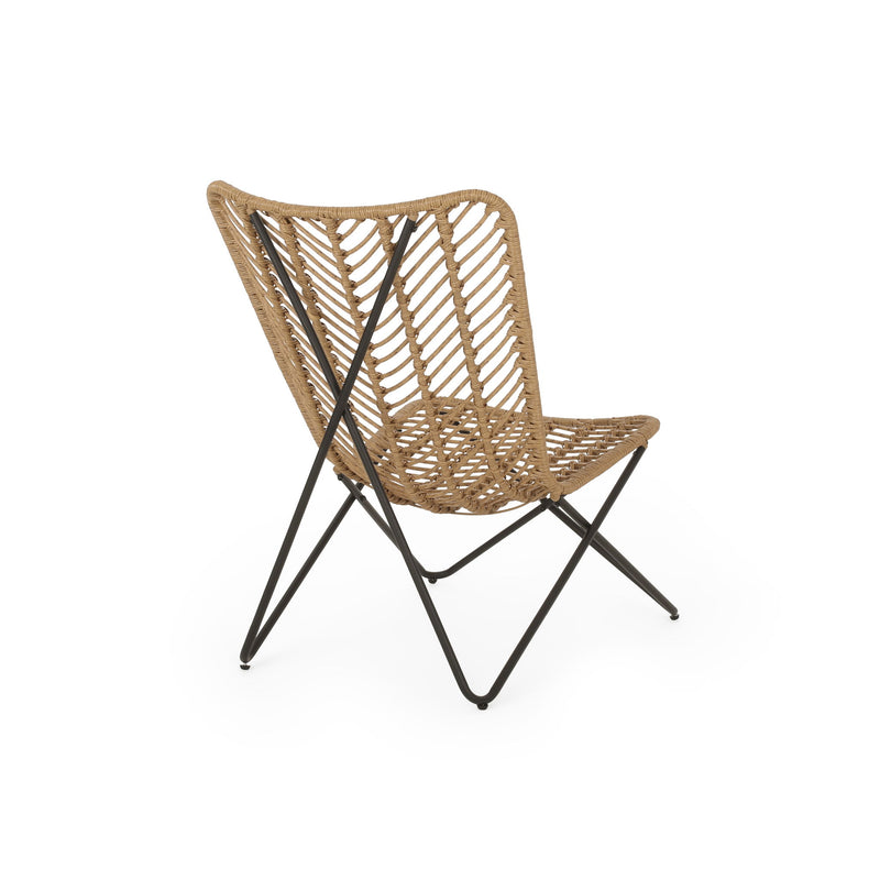 Pair of light brown wicker chairs with geometric cross metal bases from Noble House, stylish seating for indoor or outdoor spaces.